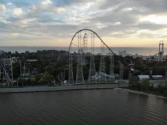 Bird's-eye view of Cedar Point with a focus on the first drop of Millennium Force.
